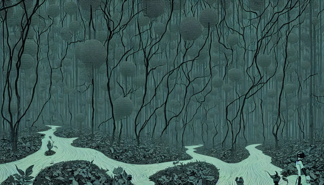 Prompt: forest path by balmy enso, jamie hewlett, nicolas delort, moebius, victo ngai, josan gonzalez, kilian eng