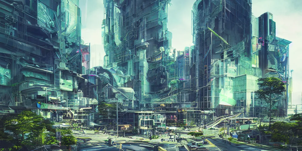 Image similar to neo brutralism, futuristic architectural art of Tokyo in 2049, colorful, hyperrealistic, octane render, 8k, realistic depth, 3D feeling, sunlight, shadows, reflections, romanticism, wallpaper, dark blue and green tones, uplight, in the style of Akihiko Yoshida