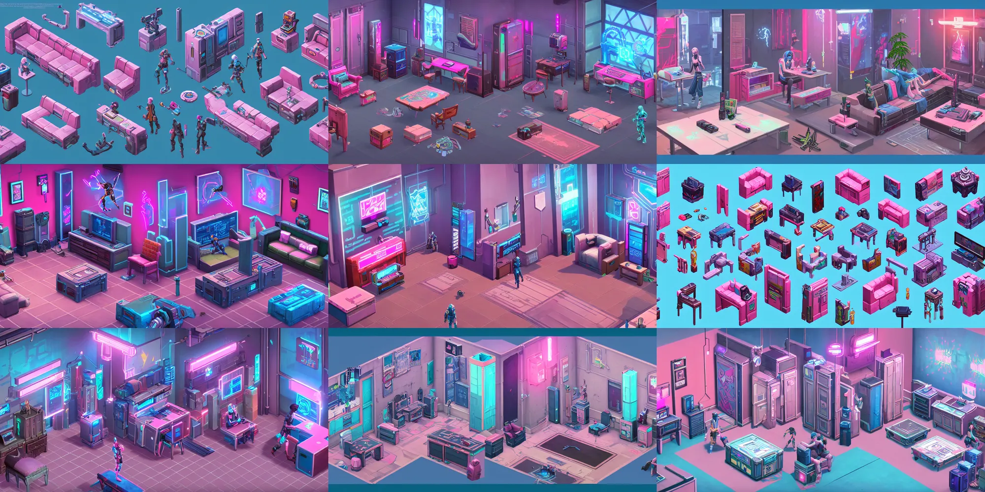 Prompt: game asset of the sims cyberpunk room furniture and decor, in gouache detailed paintings, props, stylized, 2 d sprites, kitbash, arcane, overwatch, blue and pink color scheme, 8 k, close up