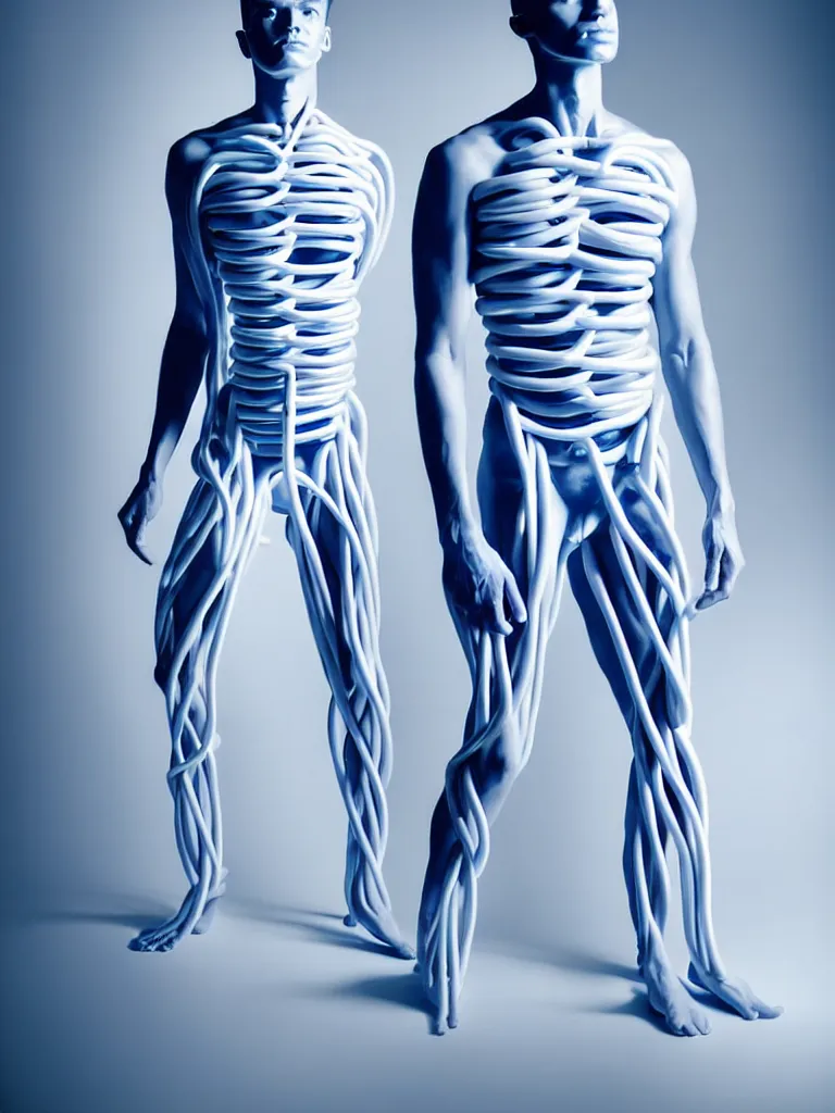 Image similar to a fine art photograph formal self sculpture by the artist kelbv, in realistic style with tubes neatly navigating the contours of his body, and disjoint body pumped full with blue and white ellipsoids, perfect studio lighting.