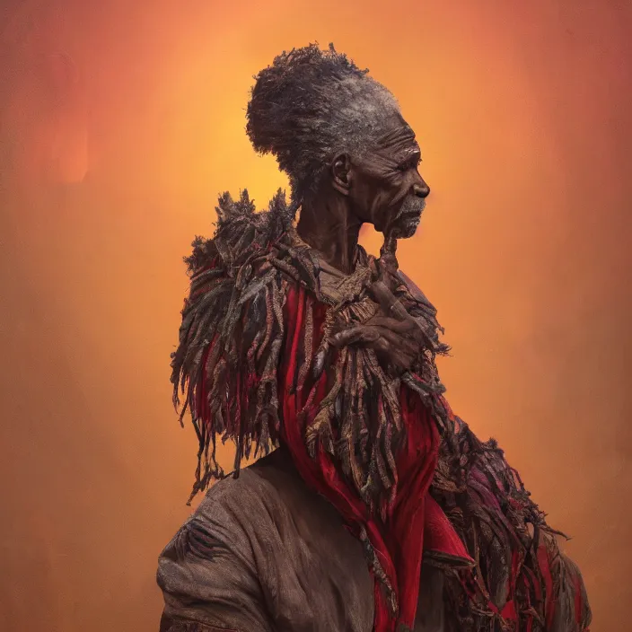 Prompt: a painting of a wise elder from Africa . dramatic angle, ethereal lights, details, smooth, sharp focus, illustration, realistic, cinematic, artstation, award winning, rgb , unreal engine, octane render, cinematic light, macro, depth of field, blur, red light and clouds from the back, highly detailed epic cinematic concept art CG render made in Maya, Blender and Photoshop, octane render, excellent composition, dynamic dramatic cinematic lighting, aesthetic, very inspirational, arthouse.