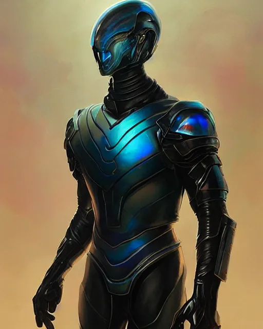 Image similar to muscled character concept of iridescent sinewy smooth muscular male sleek glossy indigo black pearlescent scifi armor with continuous smooth black featureless helmet, by greg rutkowski, mark brookes, jim burns, tom bagshaw, magali villeneuve, trending on artstation