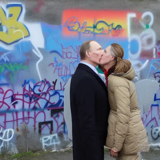 Prompt: Vladimir Putin and Sergey Lavrov kissing, kiss on the berlin wall graffiti, 8k