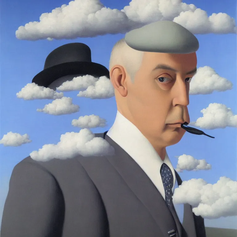 Image similar to portrait of a cloud man in a suit by rene magritte, detailed painting, hd, hq, high resolution, high detail, 4 k, 8 k