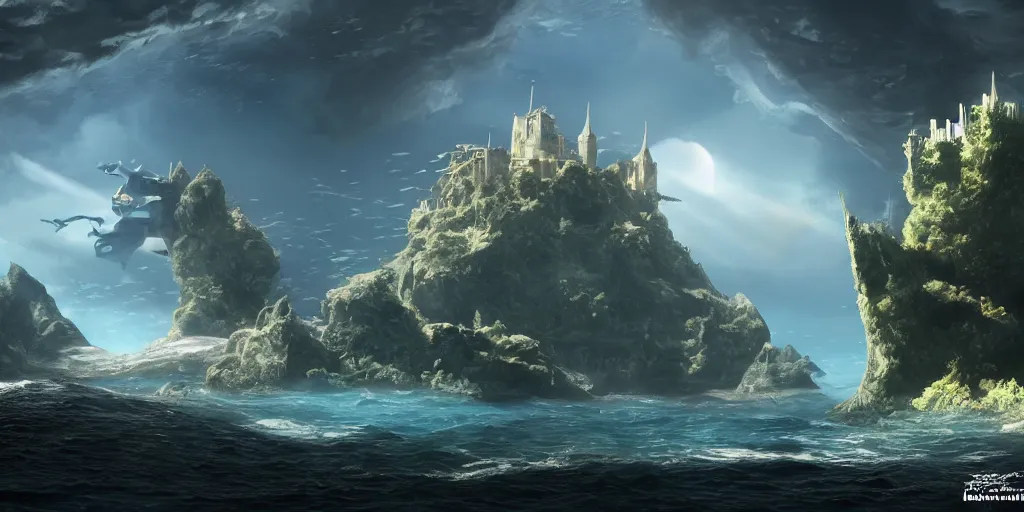 Image similar to medeival castle floating on a beautiful ocean, low angle view, fusion of subnautica and star trek, by noriyoshi ohrai, soft natural volumetric lighting, beautifully detailed 4 k octane render, 4 k post processing