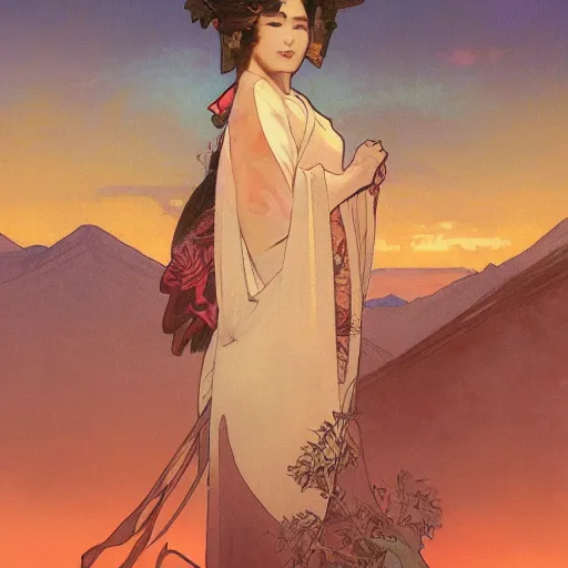 Image similar to matte painting of a geisha on sunset, alphonse mucha, james gurney, greg rutkowski, john howe, artstation