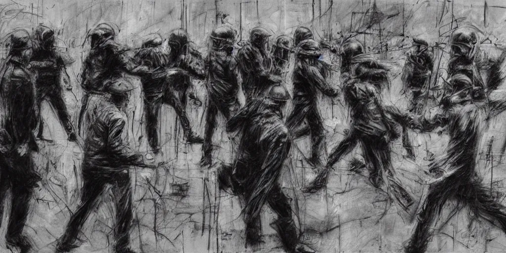 Prompt: protesters against police by Guy Denning