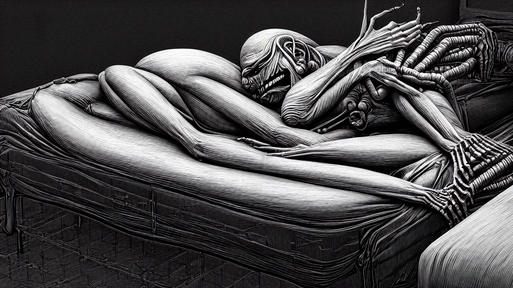 Prompt: comfortable bed that makes me want to sleep, hyperdetailed, artstation, cgsociety, nightmare fuel, style of Giger, H. R. GIGER, style of Junji Ito, 4K, highly detailed, minimalistic, minimalistic, minimalistic, fine tuned, machina