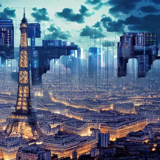 Image similar to a view on a futuristic cyberpunk paris