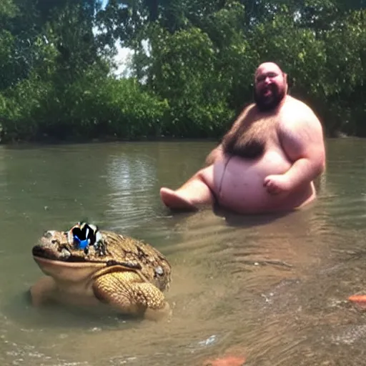 Prompt: a leaked photo of a screaming, hairy, fat man wearing a swimsuit holding the worlds largest toad