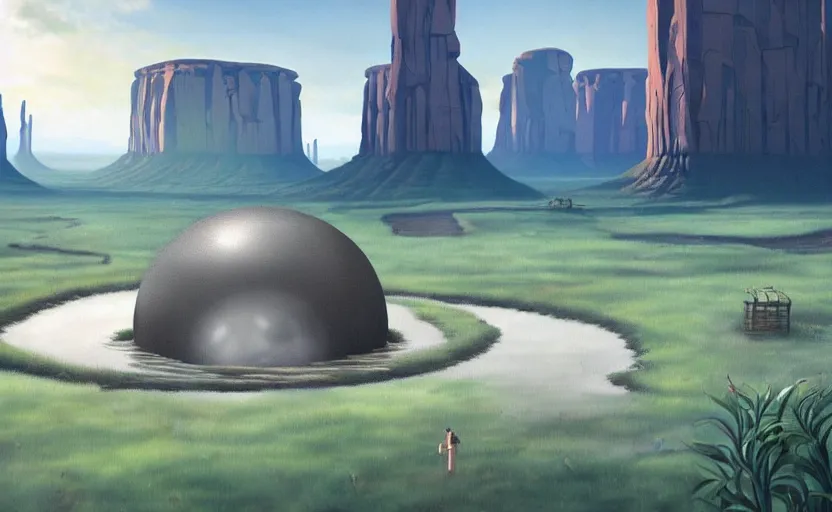 Image similar to a scary hyperrealist painting of a tribal village in a giant transparent forcefield crystal ball from howl's moving castle ( 2 0 0 4 ) in a flooded monument valley stonehenge jungle. depth perception, 4 k, artstation, in the style of studio ghibli