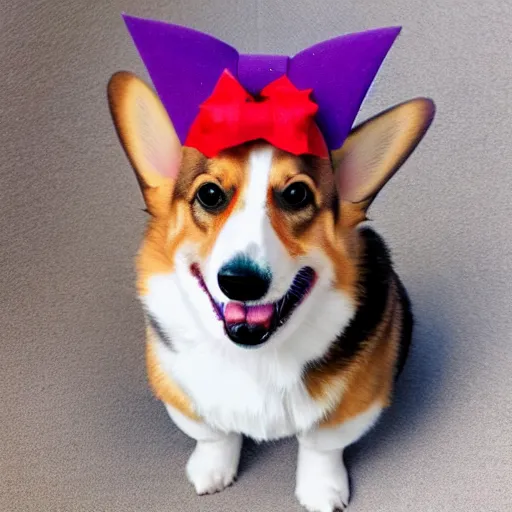 Image similar to a corgi wearing a purple party hat and a red bowtie