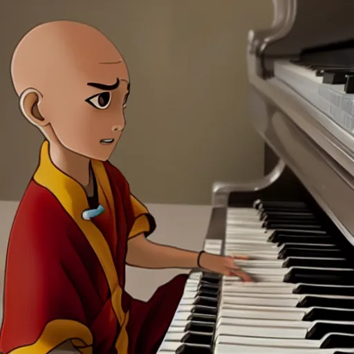 Image similar to Aang from Avatar the last airbender playing the piano