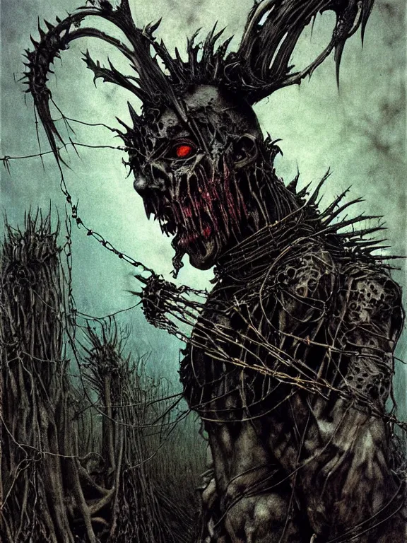 Image similar to A creepy armored horned fanged demon woman with blue scarred skin wrapped in barbed wire. Extremely high detail, realistic, fantasy art, solo, bones, masterpiece, saturated colors, tangled, ripped flesh, art by Zdzisław Beksiński, Arthur Rackham, Dariusz Zawadzki