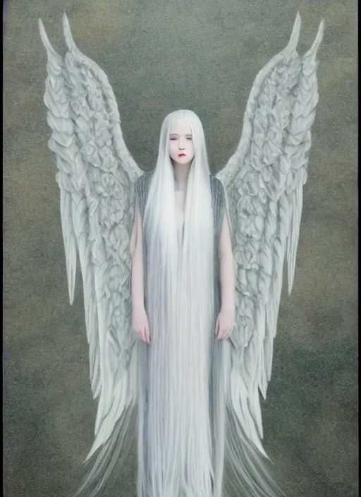 Image similar to tall thin young wan beautiful angel, silver hair so long, pale!, long silver hair, silver angel wings, wan adorable korean face, silver hair!!, style of fernand khnopff and lucien levy - dhurmer, oil on canvas, 4 k resolution, aesthetic!,