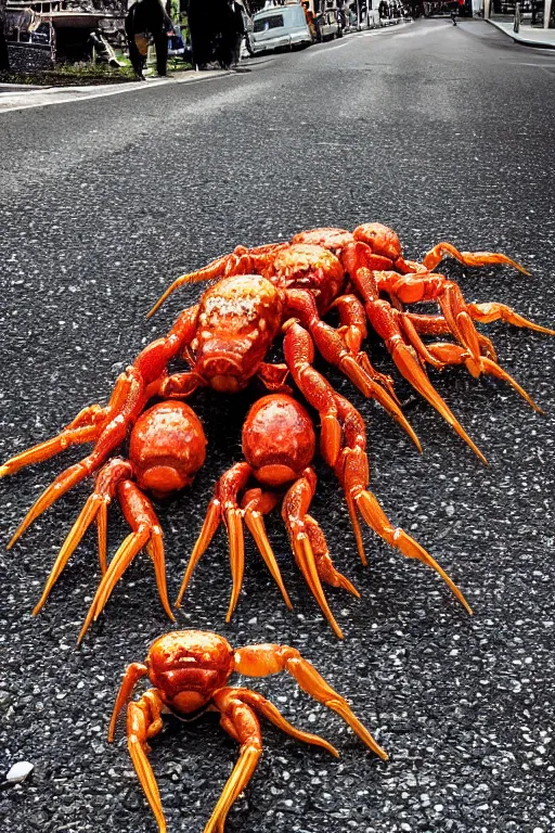 Image similar to surreal iPhone HDR photo of alien crablets crawling from the big hole on the street, 8k, 4k