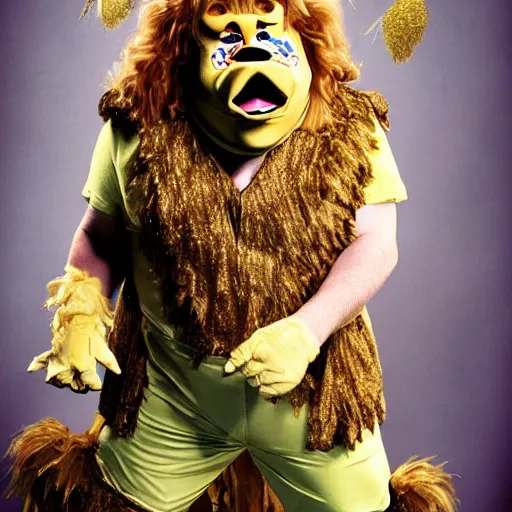 Image similar to snl chris farley as the cowardly lion of oz, studio poster photography, trending on artstation, featured on deviantart, award winning costume