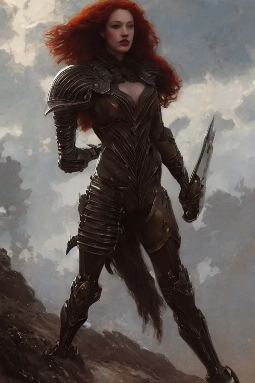 Prompt: muscular redhead kat dennings wearing black armour, bare legs, detailed, by gaston bussiere, bayard wu, greg rutkowski, giger, maxim verehin, greg rutkowski, masterpiece, sharp focus, cinematic lightning