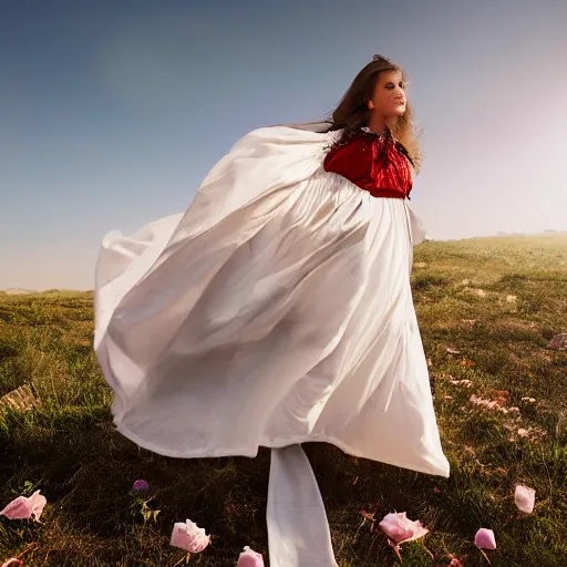 Prompt: a wonderful queen dressed with a large soft and decorate majestic roses cotton dress that is running in the wind, dramatic light, octane--8k