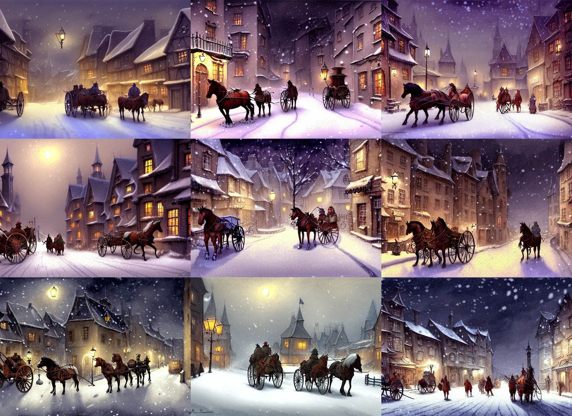 Image similar to a night scene of a snowy town with a horse drawn carriage, a detailed matte painting by anton pieck, deviantart contest winner, fantasy art, concept art, official art, matte drawing