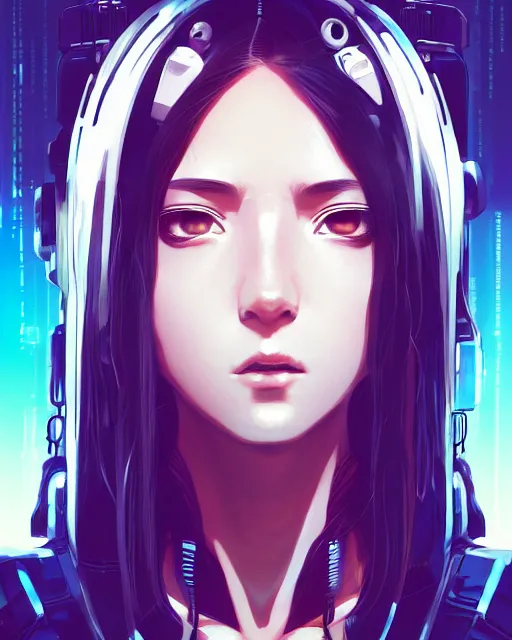 Image similar to a comic potrait of a cyberpunk cyborg girl with big and cute eyes, fine - face, realistic shaded perfect face, fine details. night setting. very anime style. realistic shaded lighting poster by ilya kuvshinov katsuhiro, magali villeneuve, artgerm, jeremy lipkin and michael garmash, rob rey and kentaro miura style, trending on art station