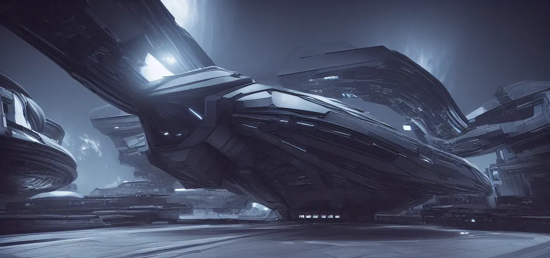 Image similar to dramatic render of exterior of dark futuristic spaceship at night, nebula, ambient occlusion, raytracing, unreal engine, detailed, 3 d artstation by h. r giger and neil blevins