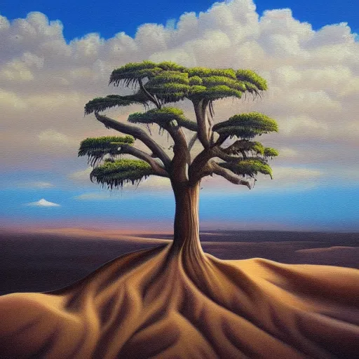 Prompt: a painting of a tree in the desert, an airbrush painting by breyten breytenbach, cgsociety!, neo - primitivism, dystopian art,! apocalypse landscape!!