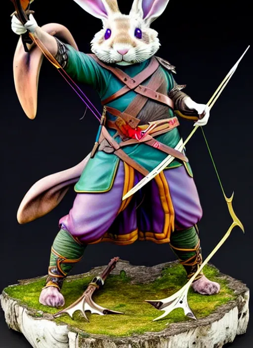 Image similar to a porcelain figurine of a heroic rabbit crossbowman, redwall, lisa frank and greg rutowski and jean baptiste monge, very detailed, epic fantasy concept art