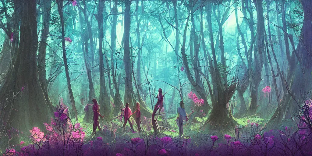 Prompt: 90s oak trees forest with big wild flowers windows, figures, soft neon lights, bright colors, cinematic, cyberpunk, smooth, chrome, lofi, nebula, calming, dramatic, fantasy, by Moebius, by zdzisław beksiński, fantasy LUT, studio ghibli, high contrast, epic composition, sci-fi, dreamlike, surreal, angelic, 8k, unreal engine, hyper realistic, fantasy concept art, XF IQ4, 150MP, 50mm, F1.4, ISO 200, 1/160s, natural light, Adobe Lightroom, photolab, Affinity Photo, PhotoDirector 365