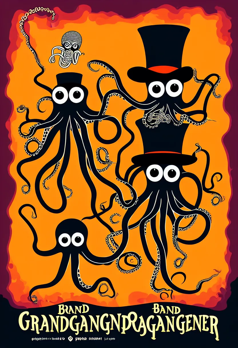 Prompt: concert poster for the band 'GrandpaFinger', symmetrical octopus wearing a top hat, vector art, 8k, highly detailed illustration