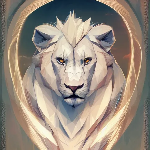 Prompt: aesthetic portrait commission of a albino male furry anthro low-poly lion, Character design by charlie bowater, ross tran, artgerm, and makoto shinkai, detailed, inked, western comic book art, 2021 award winning painting
