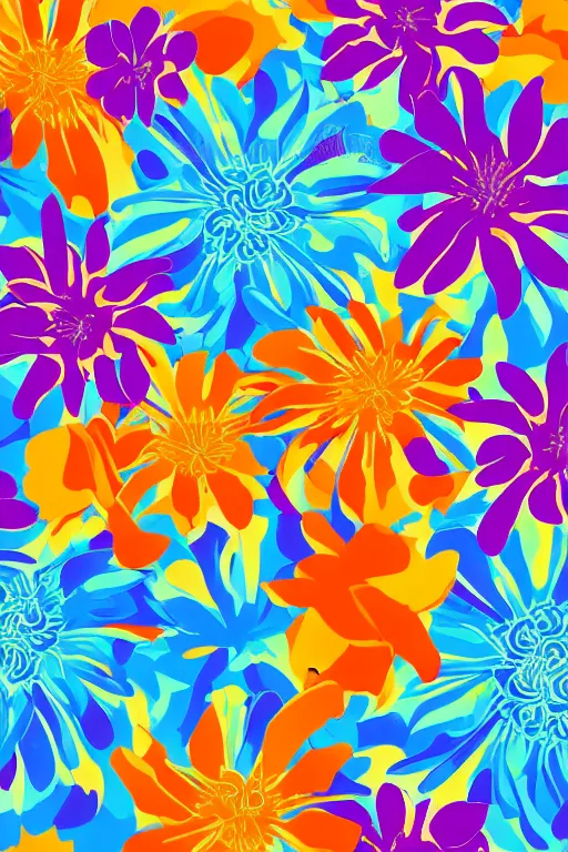 Image similar to Vector illustration of tropical flowers with multiple cohesive colors ranging from warms purples to bright oranges on a ((dark blue background)), 4K resolution