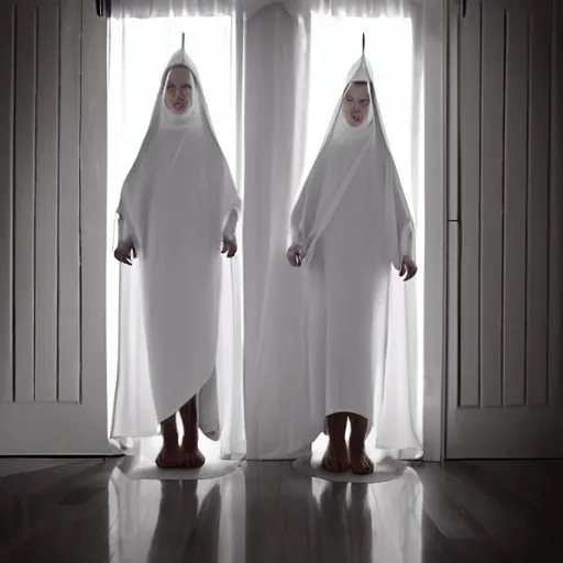 Image similar to award winning photo,two Hovering twin nuns, in a bedroom hovering off the ground, wearing pointed hoods, buxom chested, blindfolded, wearing translucent veils, see through dress, Very long arms, bedroom, wood door, eerie, frightening, highly detailed, photorealistic, colorized —width 1024 —height 1024