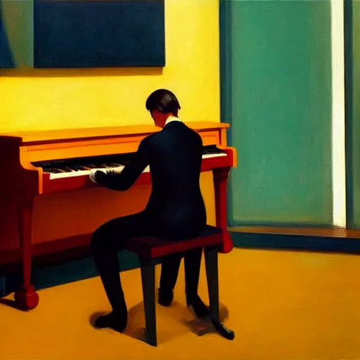 Image similar to painting of a piano player. by edward hopper and james gilleard