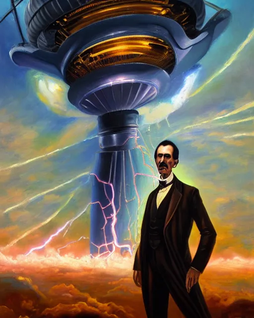 Image similar to an amazing oil painting of Nikola Tesla as a supervillain flying over a vast landscape with electric superpowers electrifying the world with his new giant tesla coil doom machine, sci-fi steampunk concept art, trending on artstation, HD, 4k, 8k