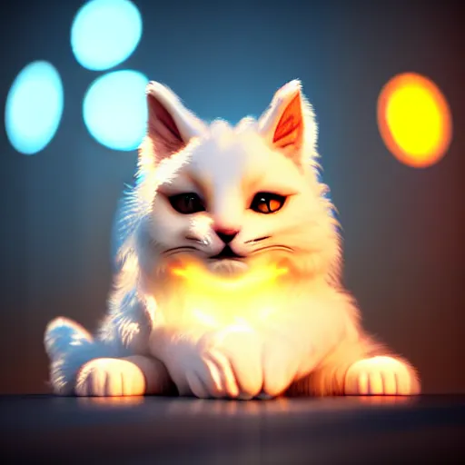 Prompt: high quality 3 d render very cute fluffy cat on luminescent city lights background, highly detailed, unreal engine cinematic smooth, moody light, low angle, uhd 8 k, sharp focus