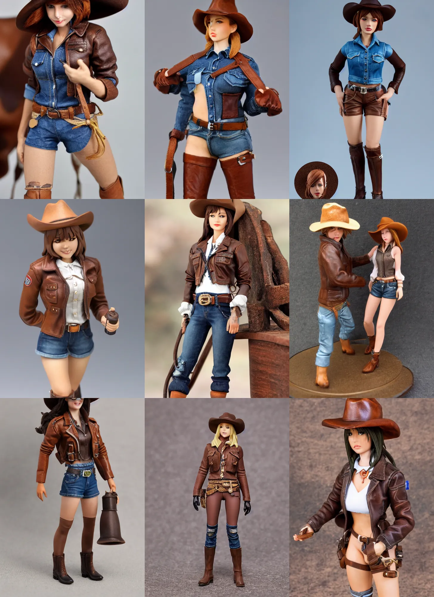 Prompt: 80mm resin detailed miniature of a cow girl, Short brown leather jacket, denim short pants, ten-gallon hat; Product Introduction Photos, 4K, Full body