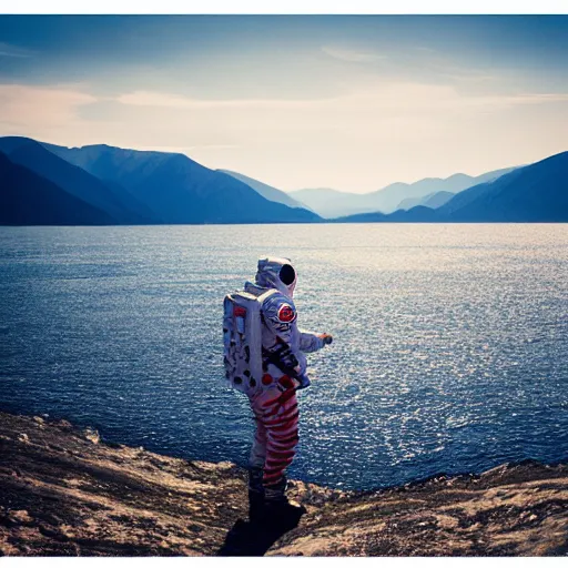 Image similar to an astronaut standing in the water of Lake Baikal and looking at the mountains. Photo by professional. Nikkor