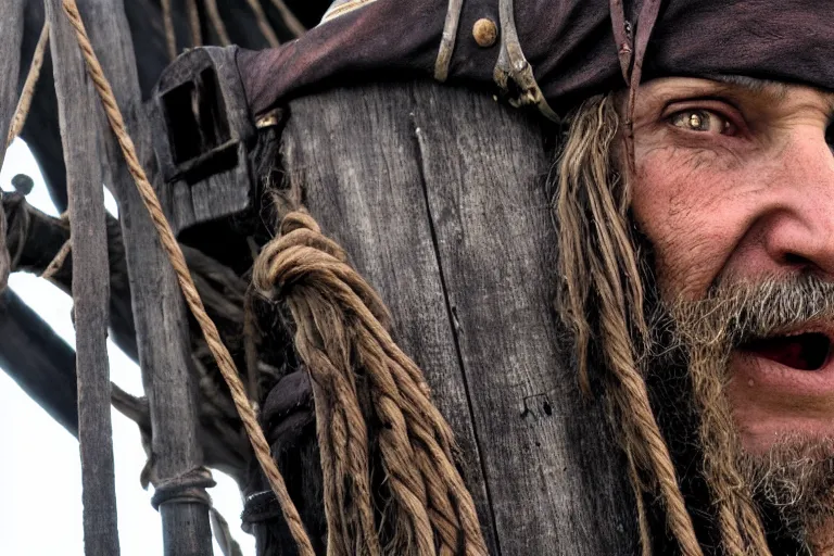 Image similar to closeup old pirate on an old pirate ship, by emmanuel lubezki