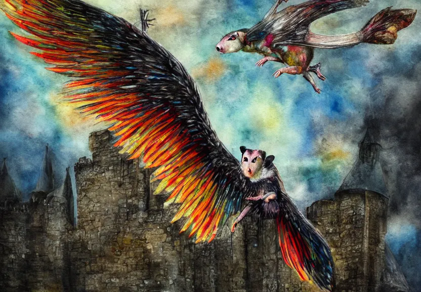 Prompt: legendary colorful winged possum flying over a medieval castle under a dark starred sky, dark fantasy, watercolor, dreaming illusion, highly detailed, 4k, trending on Artstation, award-winning