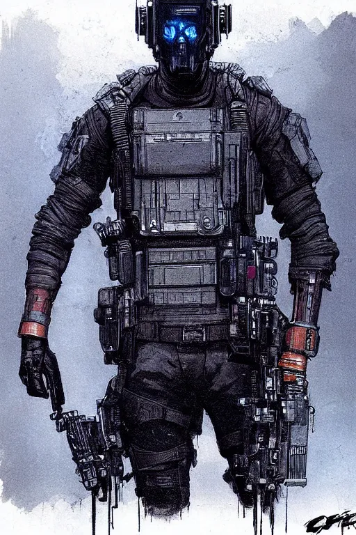 Prompt: the ghost. blackops mercenary in near future tactical gear, stealth suit, and cyberpunk headset. Blade Runner 2049. concept art by James Gurney and Mœbius.