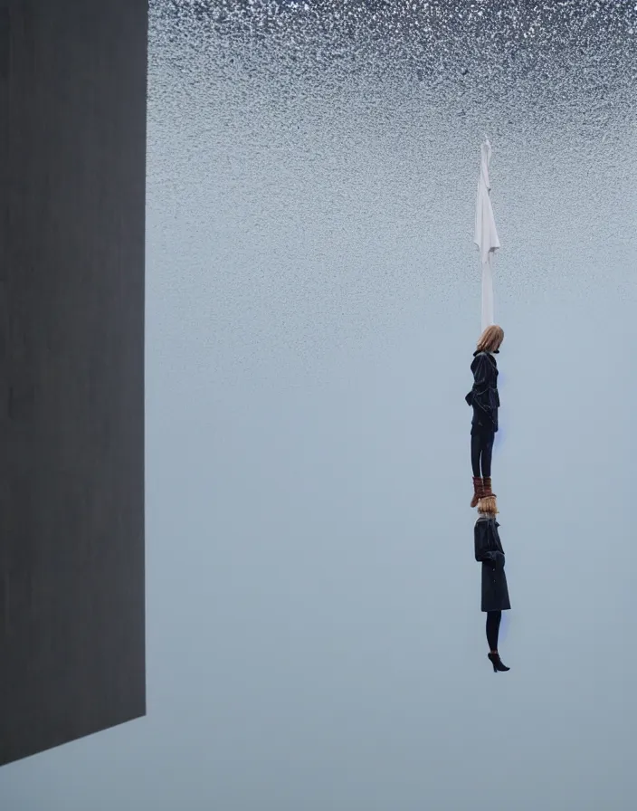 Image similar to close - up portrait of an empty slick fashionable zara raincoat floating suspended mid - air on a glittering wet rainy display designed by james turrell, wes anderson, lily frank, symmetry, rule of thirds