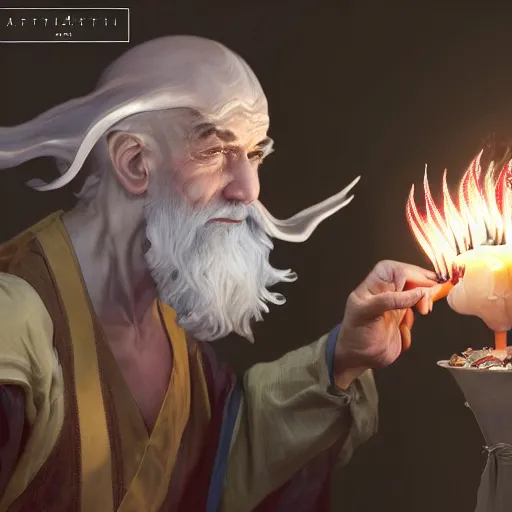 Prompt: a wizard blowing out birthday candles with magic, art by artgerm and greg rutkowski and alphonse mucha, concept art, octane render, unreal engine 5, highly detailed, high quality, 8 k, soft lighting, realistic face, path traced