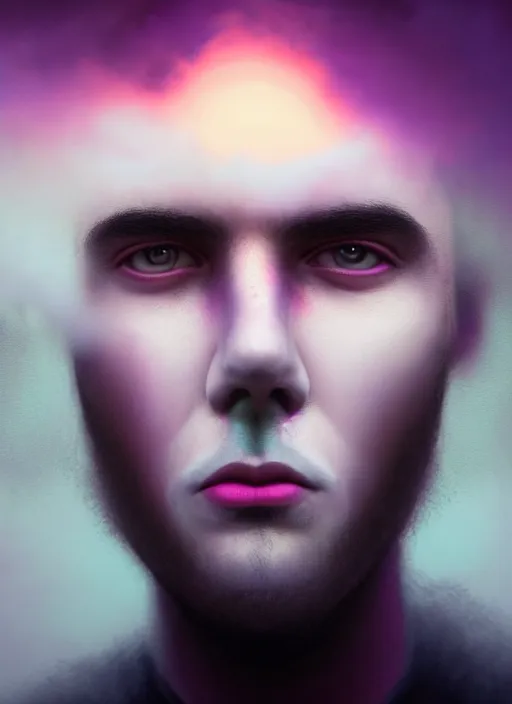 Image similar to an ethereal, misty portrait of a man whose face is accented with neon - toned glowing eyeliner. the makeup floats off his face and joins swirling clouds of smoke and fog, becoming an aurora. muted tones. surreal portrait, cinematic lighting, 8 k, smooth, sharp focus, digital painting, rendered in octane, painted by tom bagshaw, artgerm