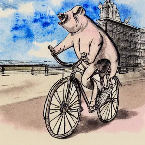 Image similar to a pig riding a bicycle on the road by the seaport,detailed watercolor pen ink illustration by bernini, key visual official media