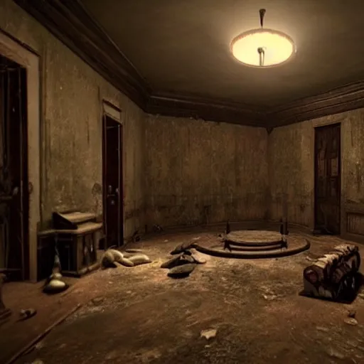 Prompt: room of a dark mansion, objects from ritual in the ground, realistic, highly detailed, background of resident evil game