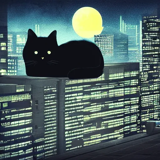 Prompt: fluffy black cat on a roof watching the overlord whose head is the full moon, over a cyberpunk city at night, digital art, high contrast, vibrant