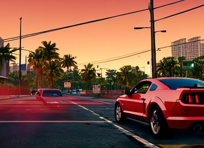 Image similar to still next - gen ps 5 game grand theft auto 6 2 0 2 4 remaster, graphics mods, rain, red sunset, people, rtx reflections, gta vi, miami, palms and miami buildings, photorealistic screenshot, unreal engine, 4 k, 5 0 mm bokeh, close - up ford mustang, gta vice city remastered, artstation