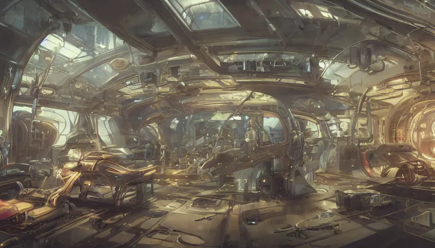 Image similar to the inside of a futuristic mechanic spaceshop, highly detailed interior, holographic screen in center frame by peter mohrbacher and craig mullins, dieselpunk, firefly, cryengine render, hyper realism, realistic shading, cinematic composition, realistic render, octane render, detailed textures, photorealistic, wide shot, fanciful, colorful