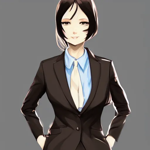 Prompt: woman in black business suit, chill, light brown neat hair, pixiv, fanbox, trending on artstation, portrait, digital art, modern, sleek, highly detailed, formal, serious, determined, blue tie, competent, colorized, smooth, charming, pretty, safe for work